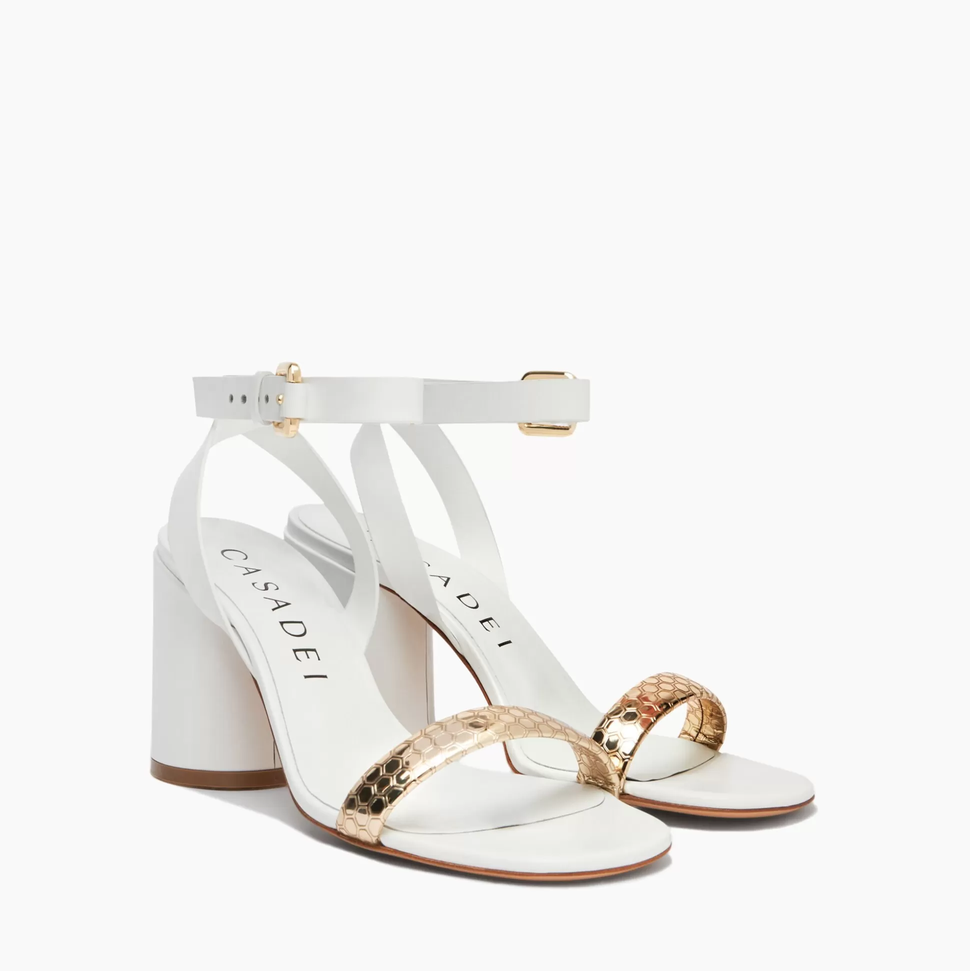 Casadei Atomium Cleo Leather And Platinum Sandals Gold and White Store